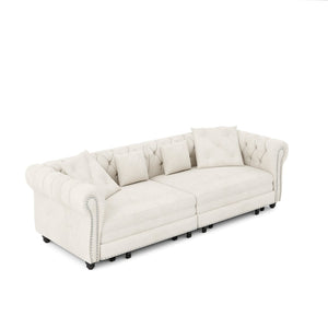 English Elm Chesterfield Velvet Sleeper Sofa Tufted 3 Seat Convertible Bed with Movable Ottoman Beige+White W1885S00441