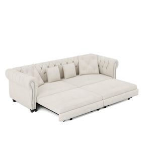 English Elm Chesterfield Velvet Sleeper Sofa Tufted 3 Seat Convertible Bed with Movable Ottoman Beige+White W1885S00441