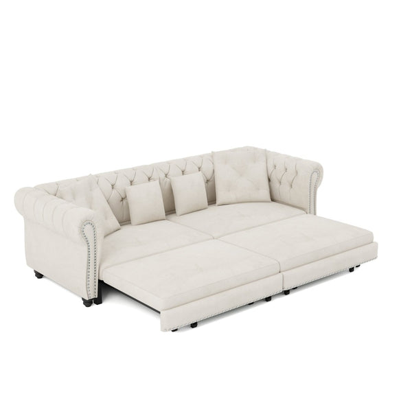 English Elm Chesterfield Velvet Sleeper Sofa Tufted 3 Seat Convertible Bed with Movable Ottoman Beige+White W1885S00441