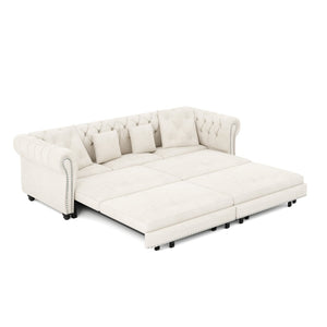 English Elm Chesterfield Velvet Sleeper Sofa Tufted 3 Seat Convertible Bed with Movable Ottoman Beige+White W1885S00441