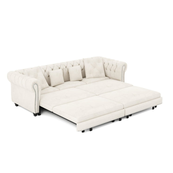 English Elm Chesterfield Velvet Sleeper Sofa Tufted 3 Seat Convertible Bed with Movable Ottoman Beige+White W1885S00441