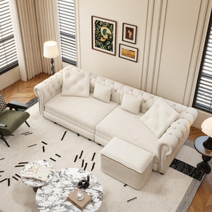 English Elm Chesterfield Velvet Sleeper Sofa Tufted 3 Seat Convertible Bed with Movable Ottoman Beige+White W1885S00441