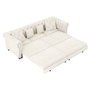 English Elm Chesterfield Velvet Sleeper Sofa Tufted 3 Seat Convertible Bed with Movable Ottoman Beige+White W1885S00441