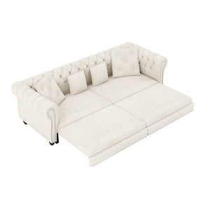 English Elm Chesterfield Velvet Sleeper Sofa Tufted 3 Seat Convertible Bed with Movable Ottoman Beige+White W1885S00441