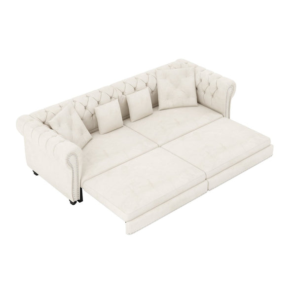 English Elm Chesterfield Velvet Sleeper Sofa Tufted 3 Seat Convertible Bed with Movable Ottoman Beige+White W1885S00441