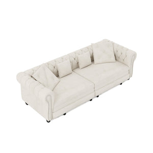 English Elm Chesterfield Velvet Sleeper Sofa Tufted 3 Seat Convertible Bed with Movable Ottoman Beige+White W1885S00441