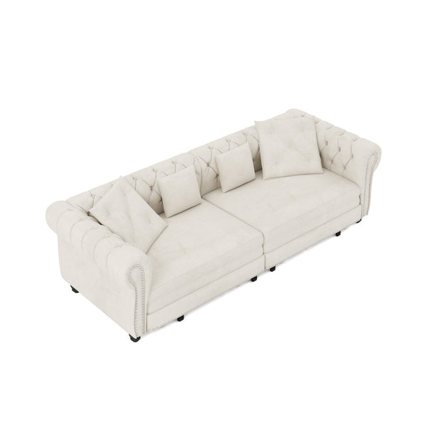 English Elm Chesterfield Velvet Sleeper Sofa Tufted 3 Seat Convertible Bed with Movable Ottoman Beige+White W1885S00441
