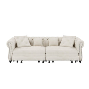 English Elm Chesterfield Velvet Sleeper Sofa Tufted 3 Seat Convertible Bed with Movable Ottoman Beige+White W1885S00441