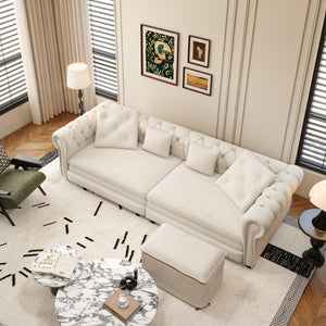 English Elm Chesterfield Velvet Sleeper Sofa Tufted 3 Seat Convertible Bed with Movable Ottoman Beige+White W1885S00441