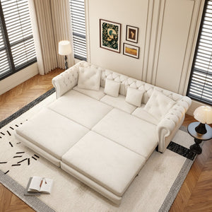 English Elm Chesterfield Velvet Sleeper Sofa Tufted 3 Seat Convertible Bed with Movable Ottoman Beige+White W1885S00441