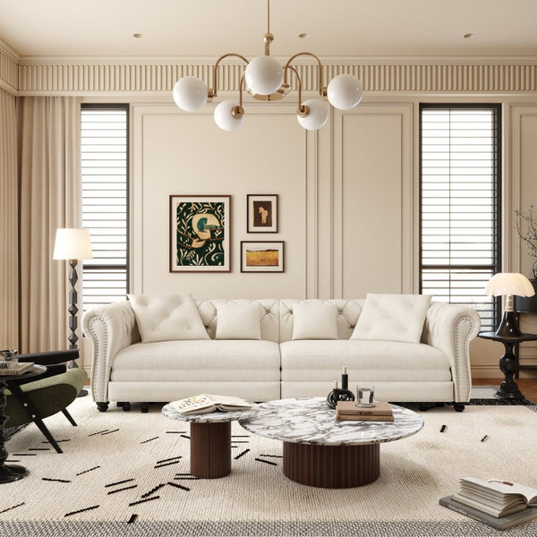 English Elm Chesterfield Velvet Sleeper Sofa Tufted 3 Seat Convertible Bed with Movable Ottoman Beige+White W1885S00441