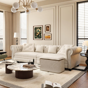 English Elm Chesterfield Velvet Sleeper Sofa Tufted 3 Seat Convertible Bed with Movable Ottoman Beige+White W1885S00441