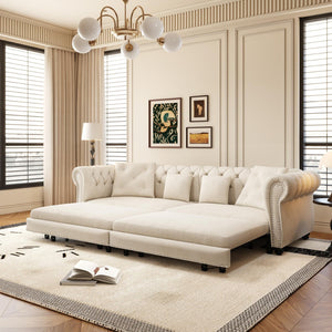English Elm Chesterfield Velvet Sleeper Sofa Tufted 3 Seat Convertible Bed with Movable Ottoman Beige+White W1885S00441