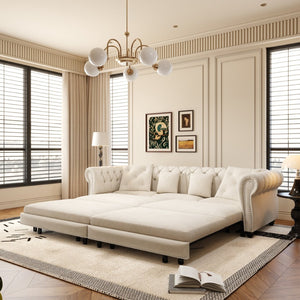 English Elm Chesterfield Velvet Sleeper Sofa Tufted 3 Seat Convertible Bed with Movable Ottoman Beige+White W1885S00441