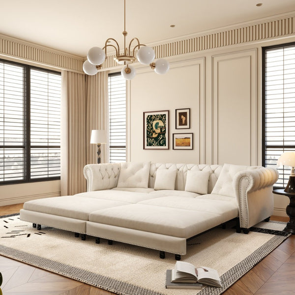 English Elm Chesterfield Velvet Sleeper Sofa Tufted 3 Seat Convertible Bed with Movable Ottoman Beige+White W1885S00441