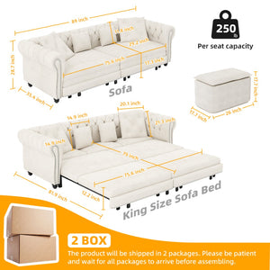 English Elm Chesterfield Velvet Sleeper Sofa Tufted 3 Seat Convertible Bed with Movable Ottoman Beige+White W1885S00441