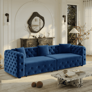 English Elm 89" Chesterfield Velvet Convertible Sleeper Sofa Four Seat Tufted Pull Out Apartment Couch Blue W1885S00446