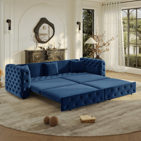 English Elm 89" Chesterfield Velvet Convertible Sleeper Sofa Four Seat Tufted Pull Out Apartment Couch Blue W1885S00446