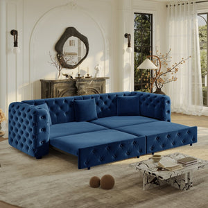 English Elm 89" Chesterfield Velvet Convertible Sleeper Sofa Four Seat Tufted Pull Out Apartment Couch Blue W1885S00446