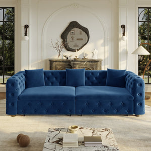 English Elm 89" Chesterfield Velvet Convertible Sleeper Sofa Four Seat Tufted Pull Out Apartment Couch Blue W1885S00446