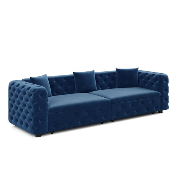 English Elm 89" Chesterfield Velvet Convertible Sleeper Sofa Four Seat Tufted Pull Out Apartment Couch Blue W1885S00446