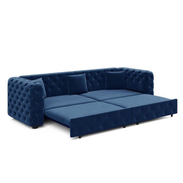 English Elm 89" Chesterfield Velvet Convertible Sleeper Sofa Four Seat Tufted Pull Out Apartment Couch Blue W1885S00446