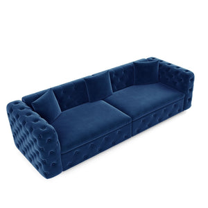 English Elm 89" Chesterfield Velvet Convertible Sleeper Sofa Four Seat Tufted Pull Out Apartment Couch Blue W1885S00446