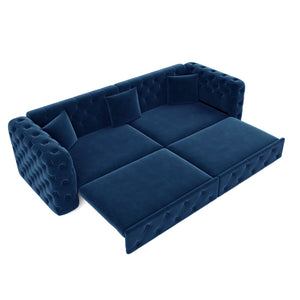English Elm 89" Chesterfield Velvet Convertible Sleeper Sofa Four Seat Tufted Pull Out Apartment Couch Blue W1885S00446