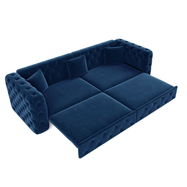 English Elm 89" Chesterfield Velvet Convertible Sleeper Sofa Four Seat Tufted Pull Out Apartment Couch Blue W1885S00446
