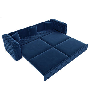 English Elm 89" Chesterfield Velvet Convertible Sleeper Sofa Four Seat Tufted Pull Out Apartment Couch Blue W1885S00446