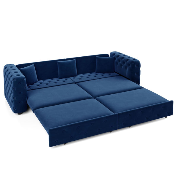 English Elm 89" Chesterfield Velvet Convertible Sleeper Sofa Four Seat Tufted Pull Out Apartment Couch Blue W1885S00446