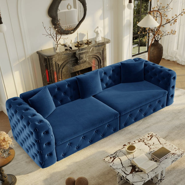 English Elm 89" Chesterfield Velvet Convertible Sleeper Sofa Four Seat Tufted Pull Out Apartment Couch Blue W1885S00446