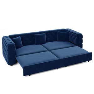 English Elm 89" Chesterfield Velvet Convertible Sleeper Sofa Four Seat Tufted Pull Out Apartment Couch Blue W1885S00446