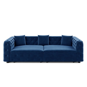 English Elm 89" Chesterfield Velvet Convertible Sleeper Sofa Four Seat Tufted Pull Out Apartment Couch Blue W1885S00446