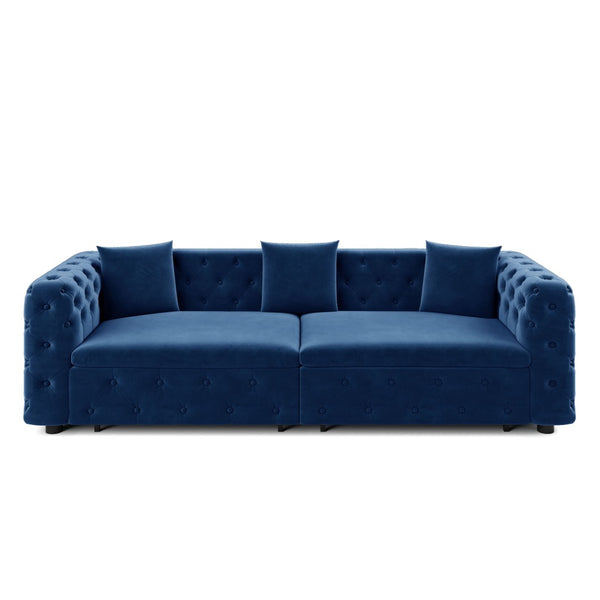 English Elm 89" Chesterfield Velvet Convertible Sleeper Sofa Four Seat Tufted Pull Out Apartment Couch Blue W1885S00446