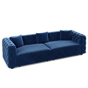 English Elm 89" Chesterfield Velvet Convertible Sleeper Sofa Four Seat Tufted Pull Out Apartment Couch Blue W1885S00446