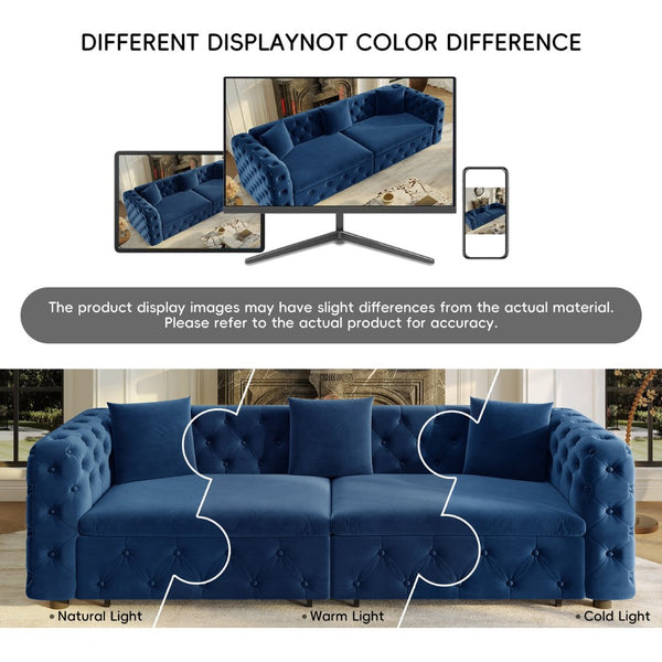English Elm 89" Chesterfield Velvet Convertible Sleeper Sofa Four Seat Tufted Pull Out Apartment Couch Blue W1885S00446