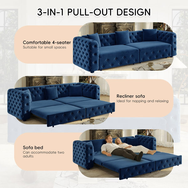 English Elm 89" Chesterfield Velvet Convertible Sleeper Sofa Four Seat Tufted Pull Out Apartment Couch Blue W1885S00446