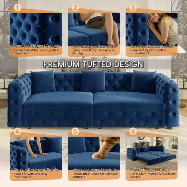 English Elm 89" Chesterfield Velvet Convertible Sleeper Sofa Four Seat Tufted Pull Out Apartment Couch Blue W1885S00446