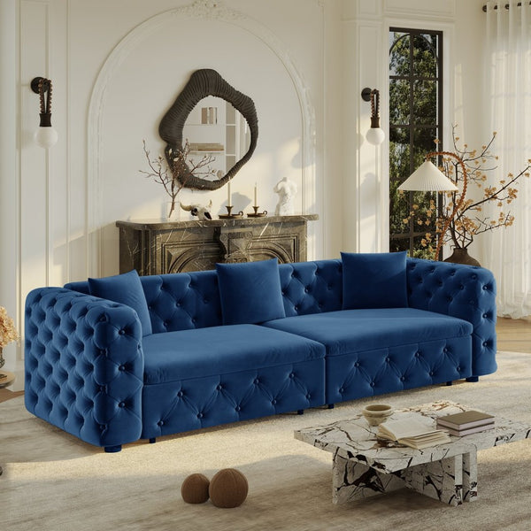 English Elm 89" Chesterfield Velvet Convertible Sleeper Sofa Four Seat Tufted Pull Out Apartment Couch Blue W1885S00446