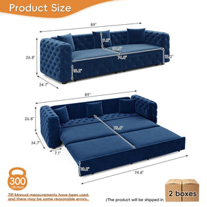 English Elm 89" Chesterfield Velvet Convertible Sleeper Sofa Four Seat Tufted Pull Out Apartment Couch Blue W1885S00446