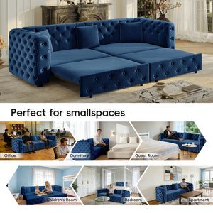 English Elm 89" Chesterfield Velvet Convertible Sleeper Sofa Four Seat Tufted Pull Out Apartment Couch Blue W1885S00446