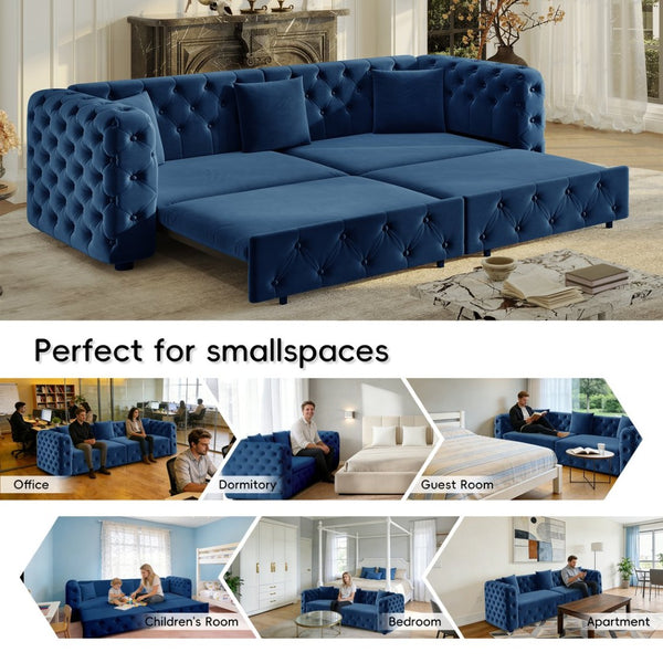 English Elm 89" Chesterfield Velvet Convertible Sleeper Sofa Four Seat Tufted Pull Out Apartment Couch Blue W1885S00446