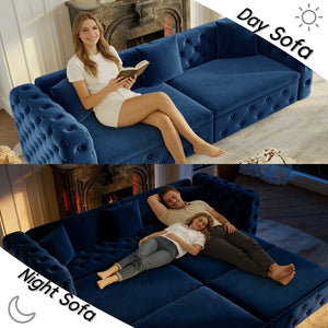 English Elm 89" Chesterfield Velvet Convertible Sleeper Sofa Four Seat Tufted Pull Out Apartment Couch Blue W1885S00446
