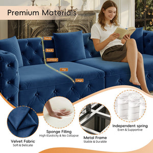 English Elm 89" Chesterfield Velvet Convertible Sleeper Sofa Four Seat Tufted Pull Out Apartment Couch Blue W1885S00446