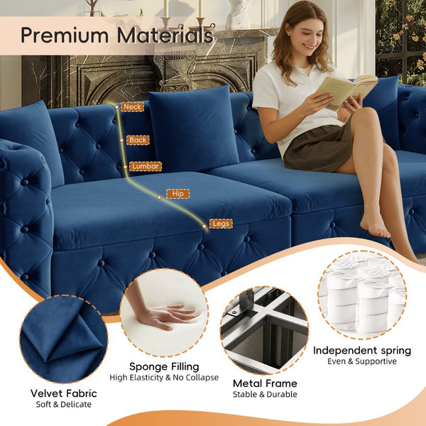 English Elm 89" Chesterfield Velvet Convertible Sleeper Sofa Four Seat Tufted Pull Out Apartment Couch Blue W1885S00446