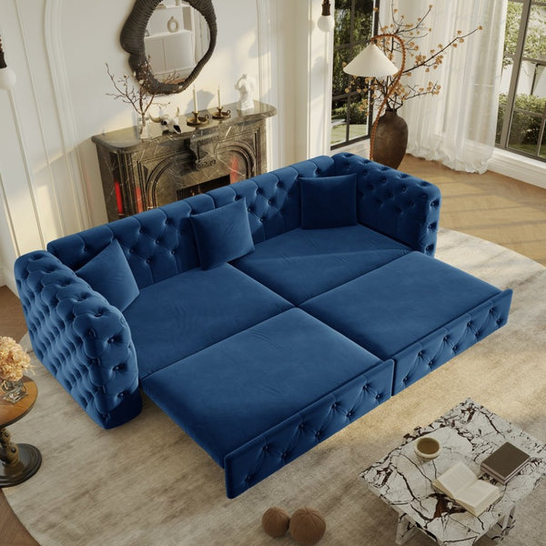 English Elm 89" Chesterfield Velvet Convertible Sleeper Sofa Four Seat Tufted Pull Out Apartment Couch Blue W1885S00446