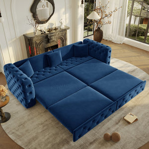English Elm 89" Chesterfield Velvet Convertible Sleeper Sofa Four Seat Tufted Pull Out Apartment Couch Blue W1885S00446