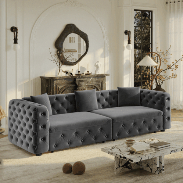 English Elm 89" Chesterfield Velvet Convertible Sleeper Sofa Four Seat Tufted Pull Out Apartment Couch Grey W1885S00447
