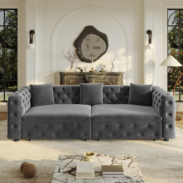 English Elm 89" Chesterfield Velvet Convertible Sleeper Sofa Four Seat Tufted Pull Out Apartment Couch Grey W1885S00447